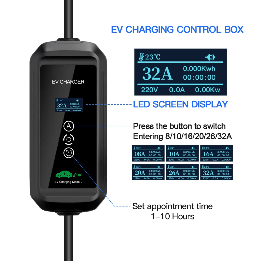 Current 8/10/16/20/26/32A 7kw Portable EV Charger Type 2 Plug Charging For Hybrid Eletric Vehicle Car Battery Cable 5M 2